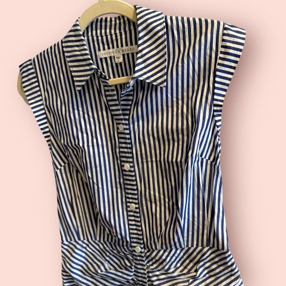 Veronica Beard Striped Ruched Shirt Dress Blue White Cotton - Picture 3 of 8